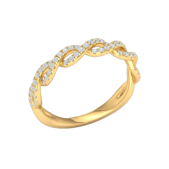 An angled view of a 14K yellow gold braided ring, showcasing the intricate, brilliant pavé pattern.