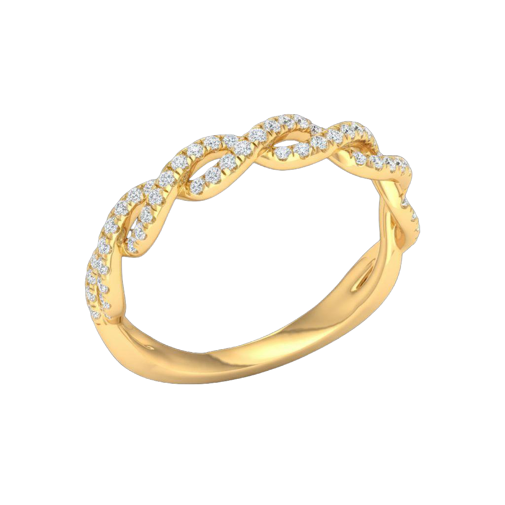 An angled view of a 14K yellow gold braided ring, showcasing the intricate, brilliant pavé pattern.