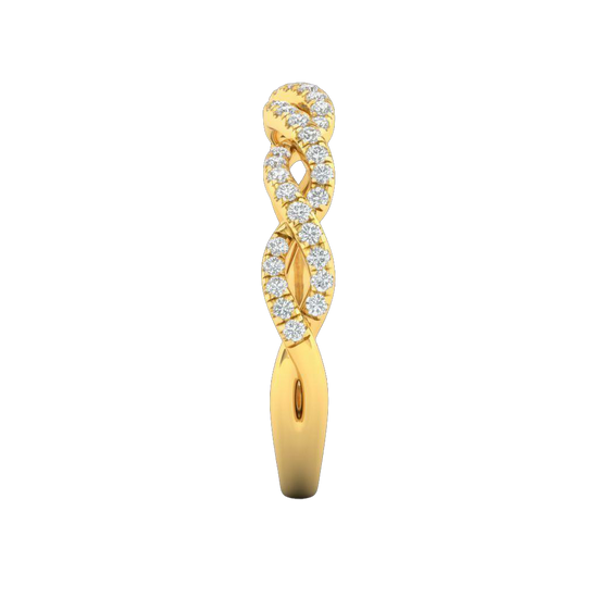 A side-profile view of a 14K yellow gold braided ring, showing the interwoven design and pavé diamonds.