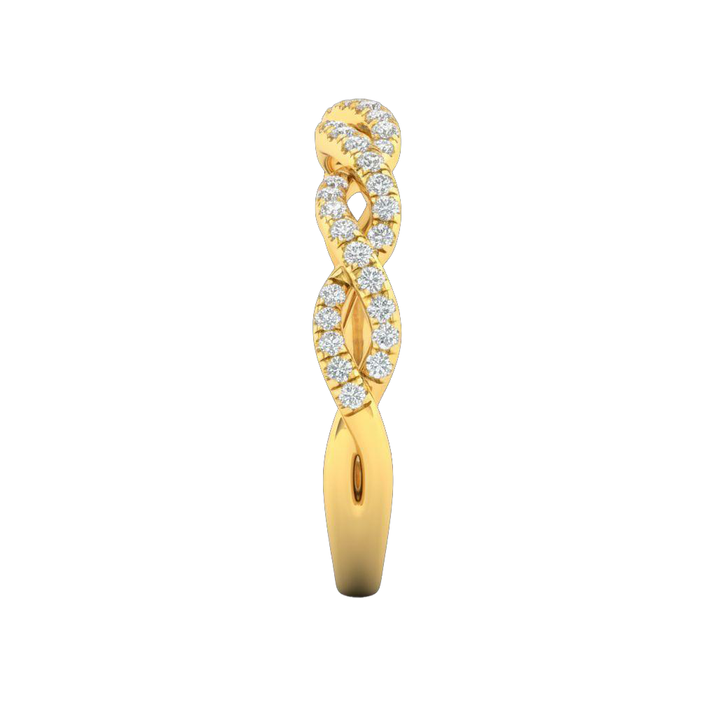 A side-profile view of a 14K yellow gold braided ring, showing the interwoven design and pavé diamonds.