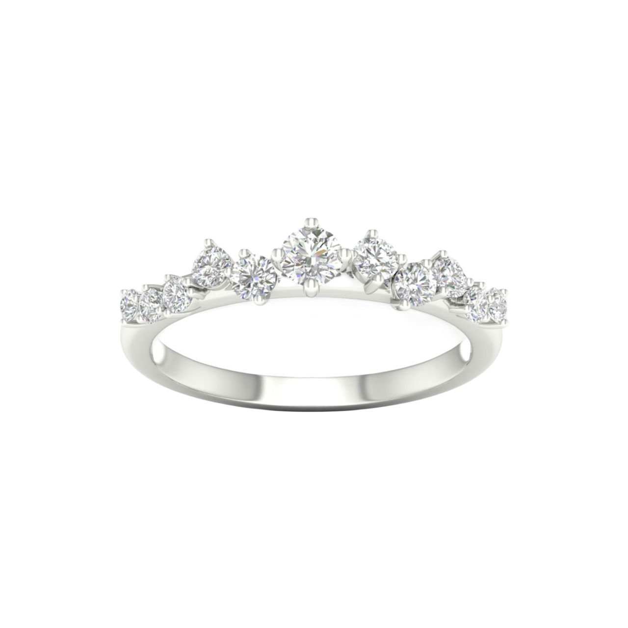 A top-down view of a 14K white gold ring with a five-stone cluster of alternating marquise and round diamonds.