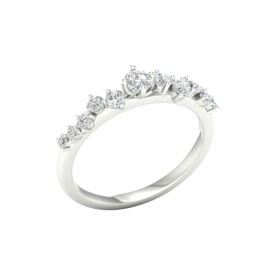 An angled view of a 14K white gold ring, showcasing the graceful curve of the five diamonds.