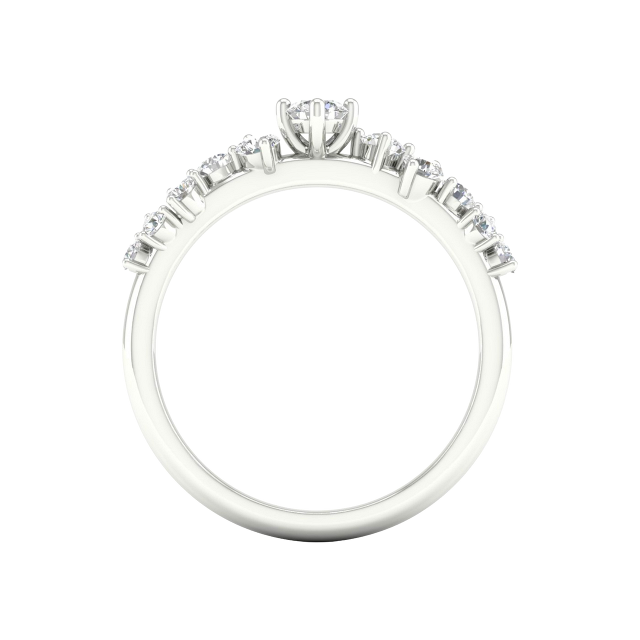 A side-profile view of a 14K white gold ring, showing the fluid band and the five-stone cluster.
