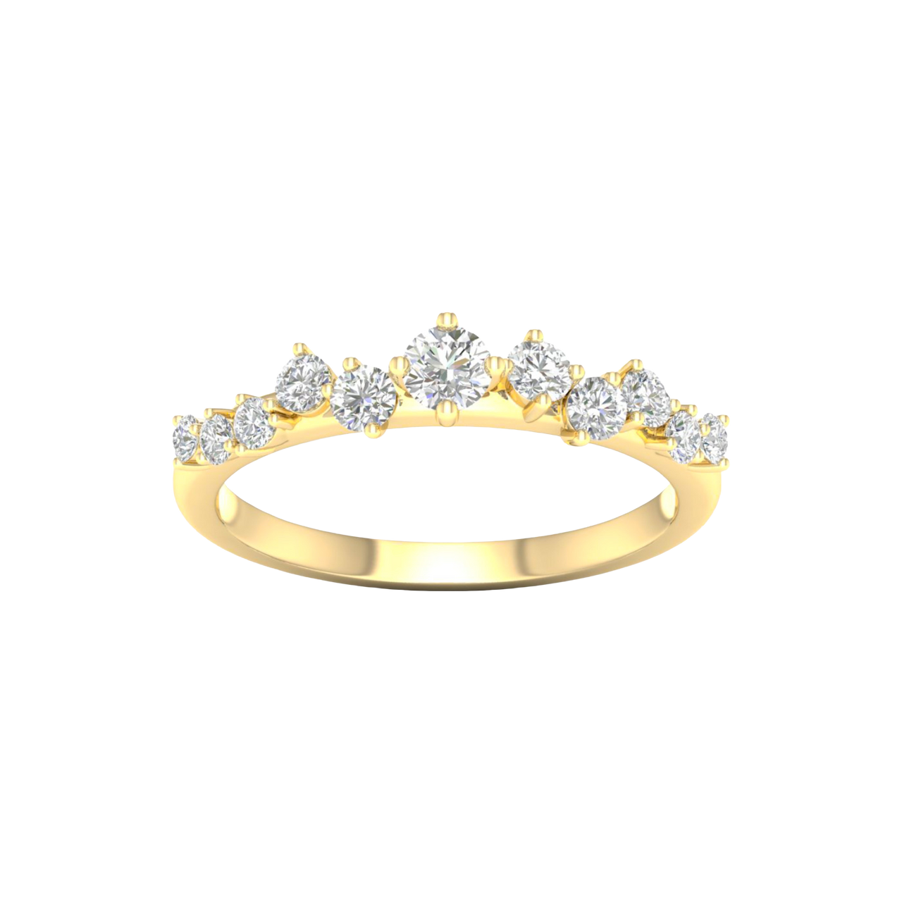A top-down view of a 14K yellow gold ring with a five-stone cluster of alternating marquise and round diamonds.