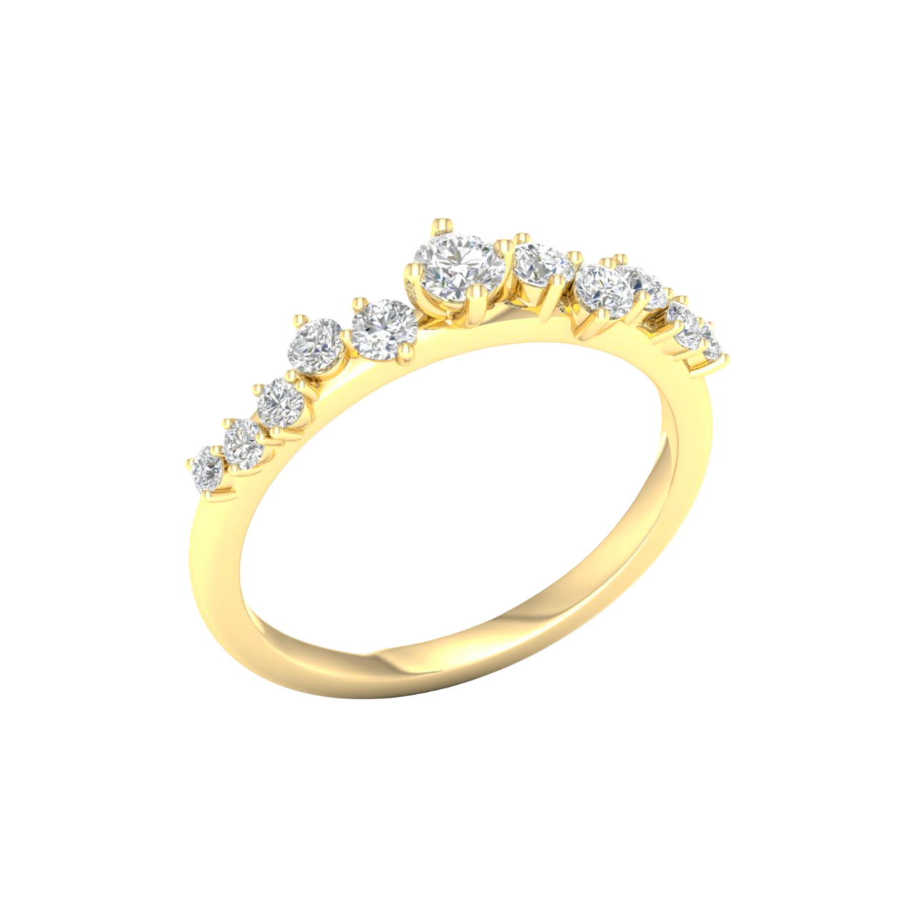 An angled view of a 14K yellow gold ring, showcasing the graceful curve of the five diamonds.
