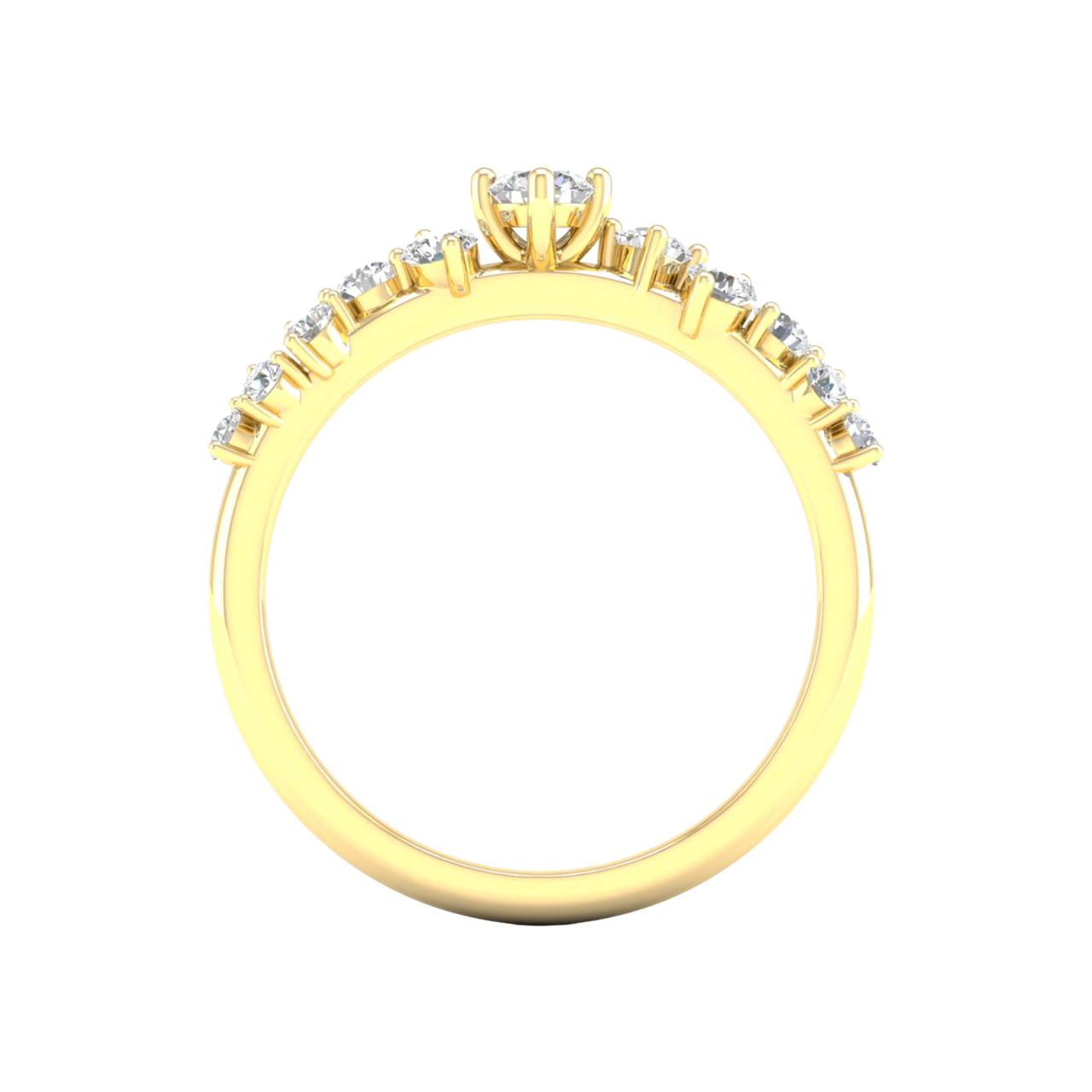 A side-profile view of a 14K yellow gold ring, showing the fluid band and the five-stone cluster.