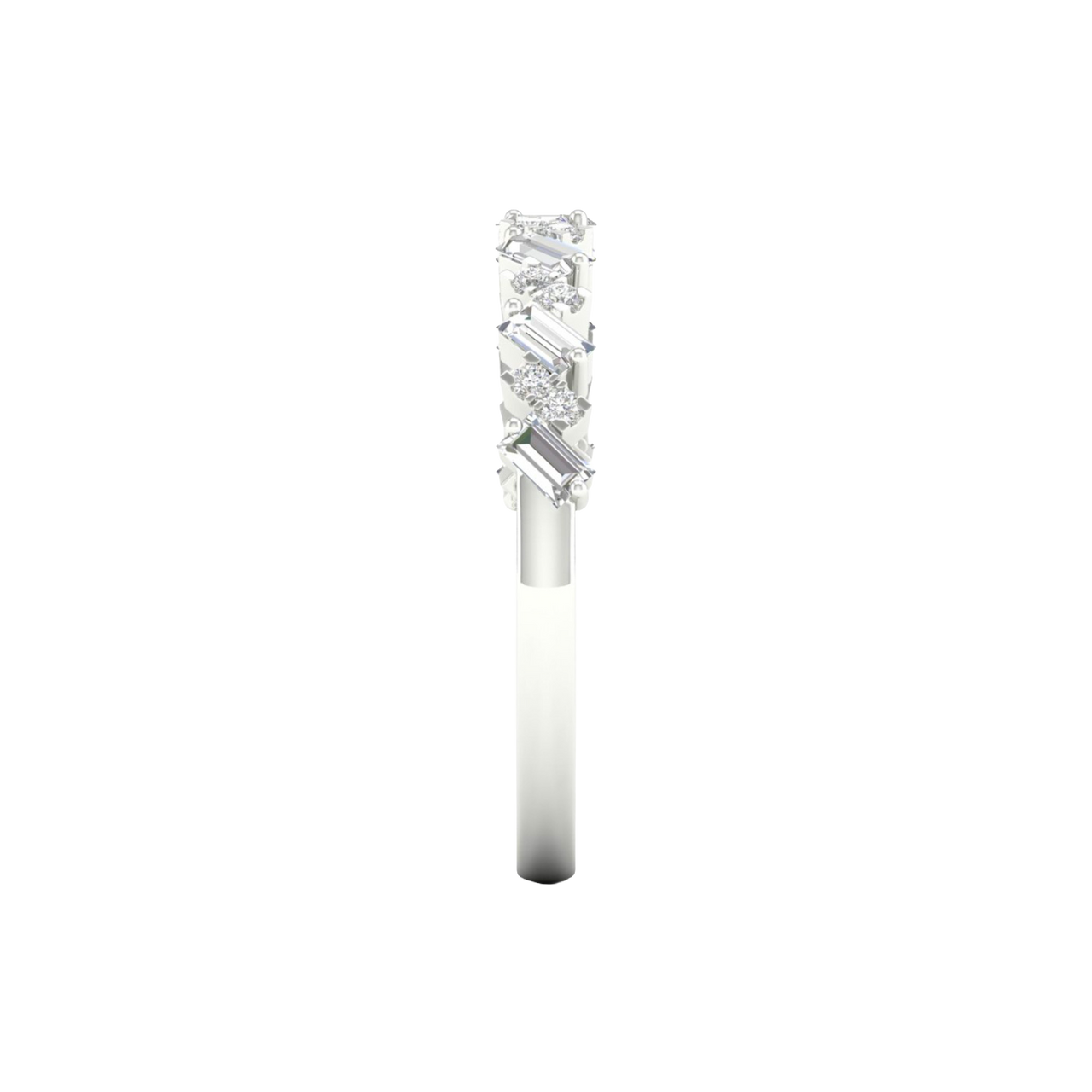 A side-profile view of a 14K white gold band ring, showing the height of the diamonds and the thin band.