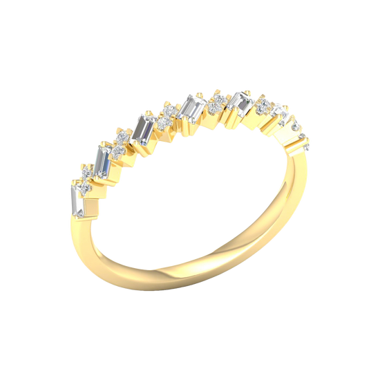 An angled view of a 14K yellow gold band ring, showcasing the brilliant, alternating pattern of diamonds.