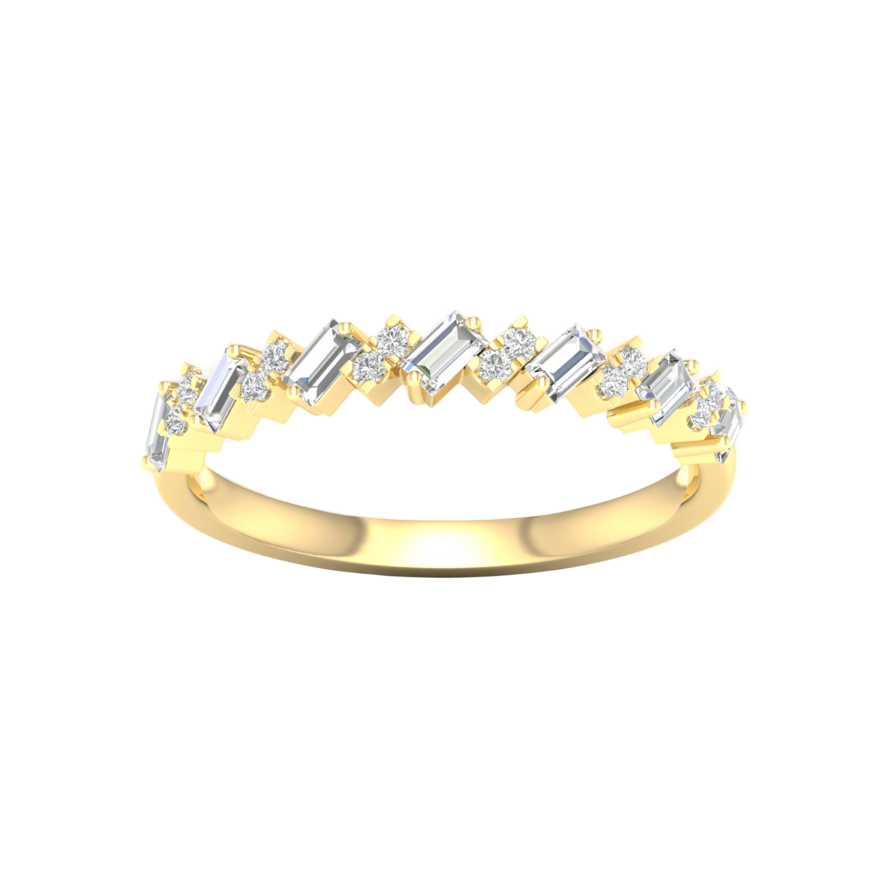 A top-down view of a 14K yellow gold band ring with an alternating pattern of baguette and round diamonds.