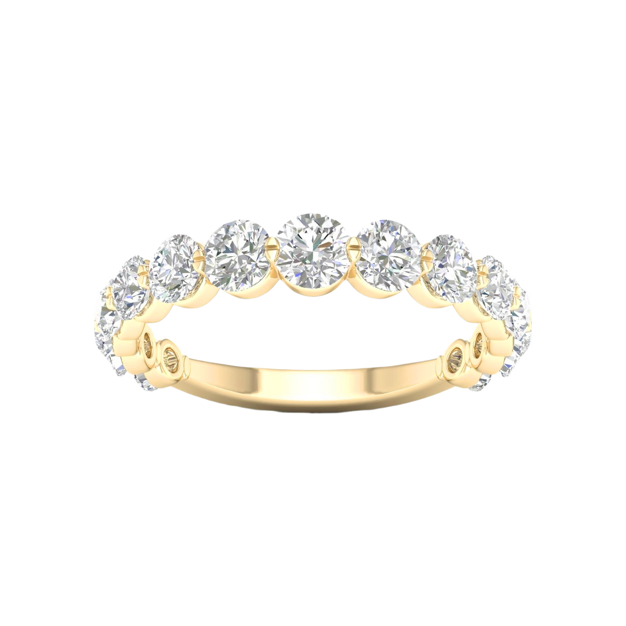 A luxurious 14k yellow gold 2/3 eternity wedding band featuring 1.5 total carats of graduated round-cut lab-grown diamonds.