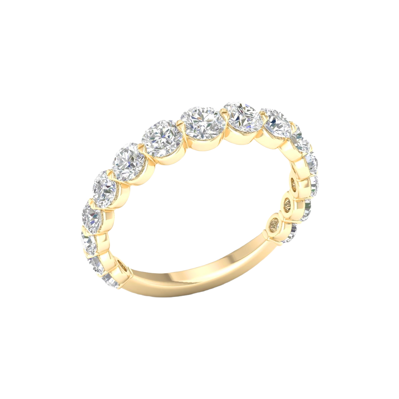 A luxurious 14k yellow gold 2/3 eternity wedding band featuring 1.5 total carats of graduated round-cut lab-grown diamonds.