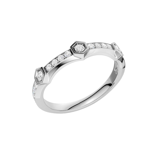An angled view of a 14K white gold geometric ring, showcasing the geometric links and pavé diamonds.