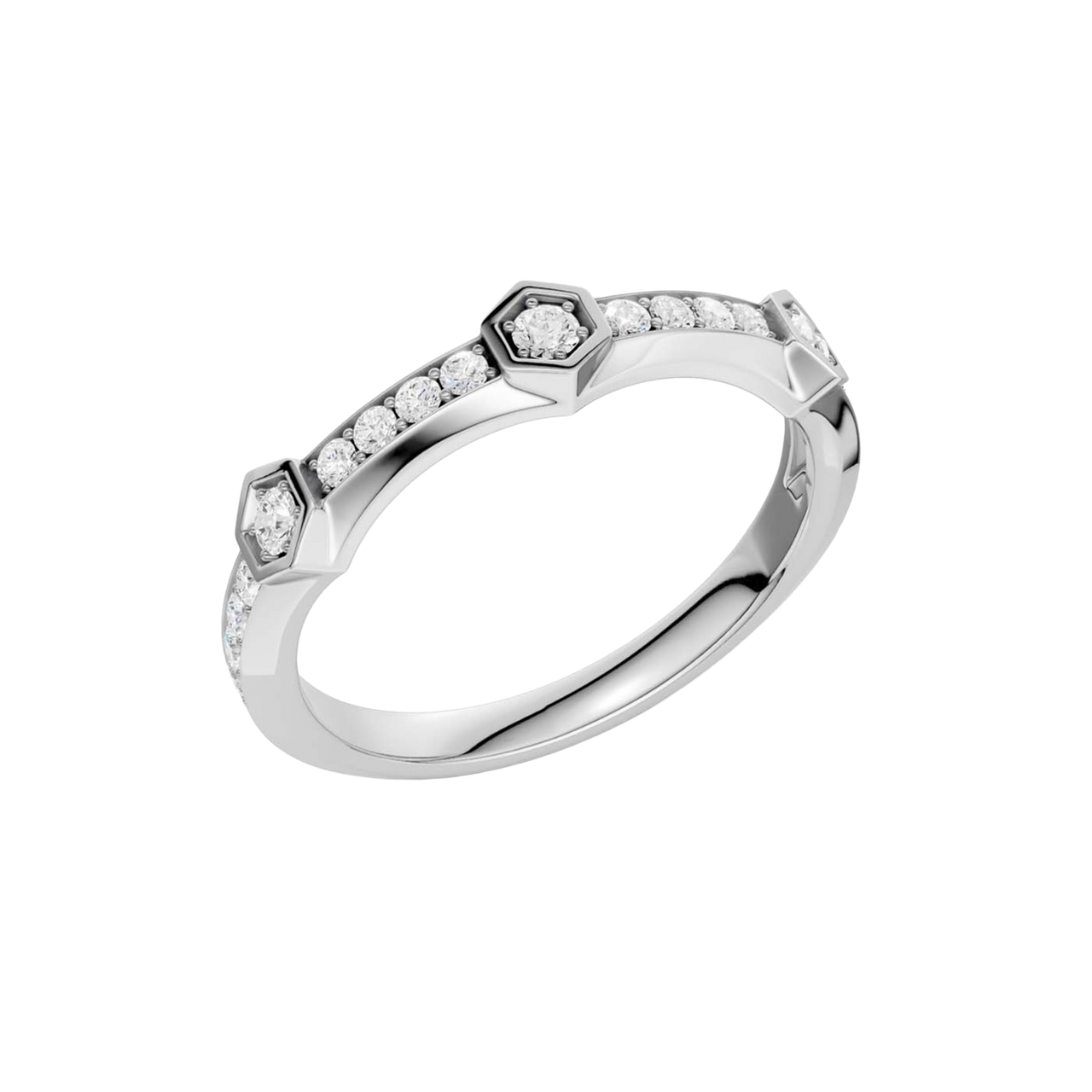 An angled view of a 14K white gold geometric ring, showcasing the geometric links and pavé diamonds.