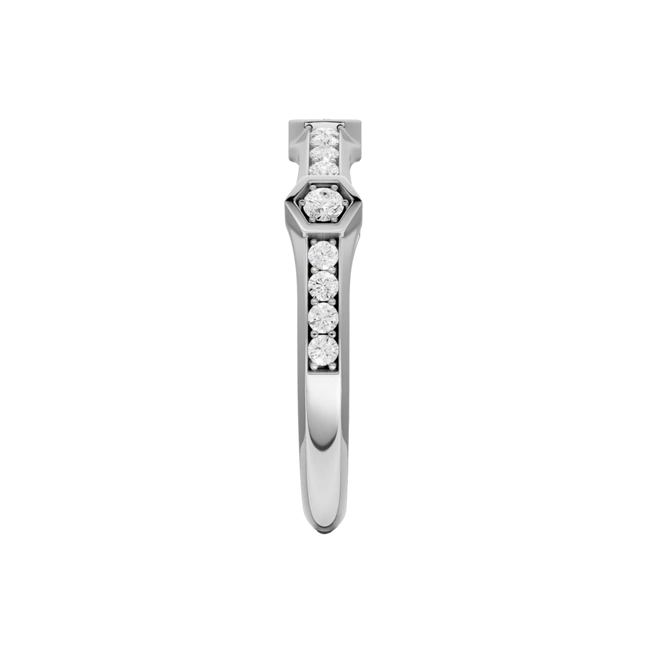 A side-profile view of a 14K white gold geometric ring, showing the fluid band and the bezel-set diamonds.