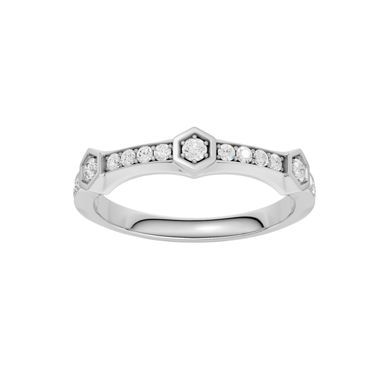 A top-down view of a 14K white gold ring with a series of geometric links and bezel-set diamonds.