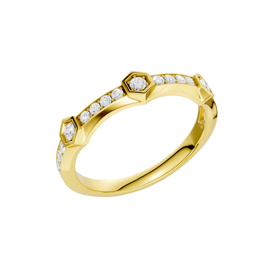 An angled view of a 14K yellow gold geometric ring, showcasing the geometric links and pavé diamonds.