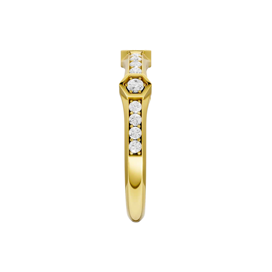 A side-profile view of a 14K yellow gold geometric ring, showing the fluid band and the bezel-set diamonds.