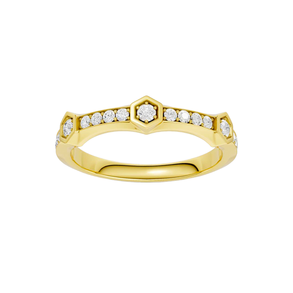 A top-down view of a 14K yellow gold ring with a series of geometric links and bezel-set diamonds.