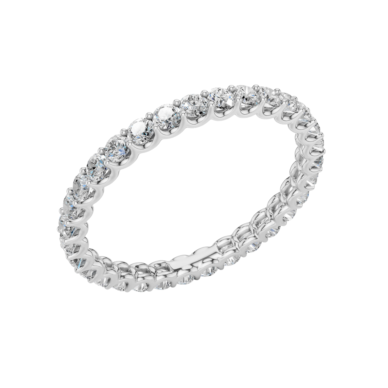 Amorati Diamonds, Infinity Loop Full Eternity Ring, an angled view of a 10K white gold eternity band, showcasing the brilliant row of round jewels.
