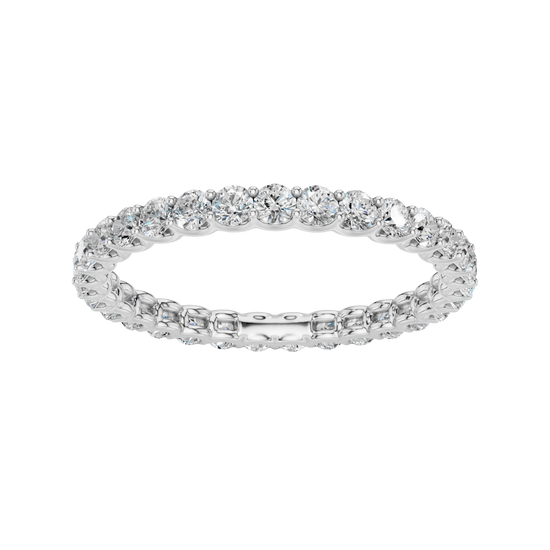 Amorati Diamonds, Infinity Loop Full Eternity Ring, a top-down view of a 10K white gold eternity band with a continuous line of brilliant round jewels.