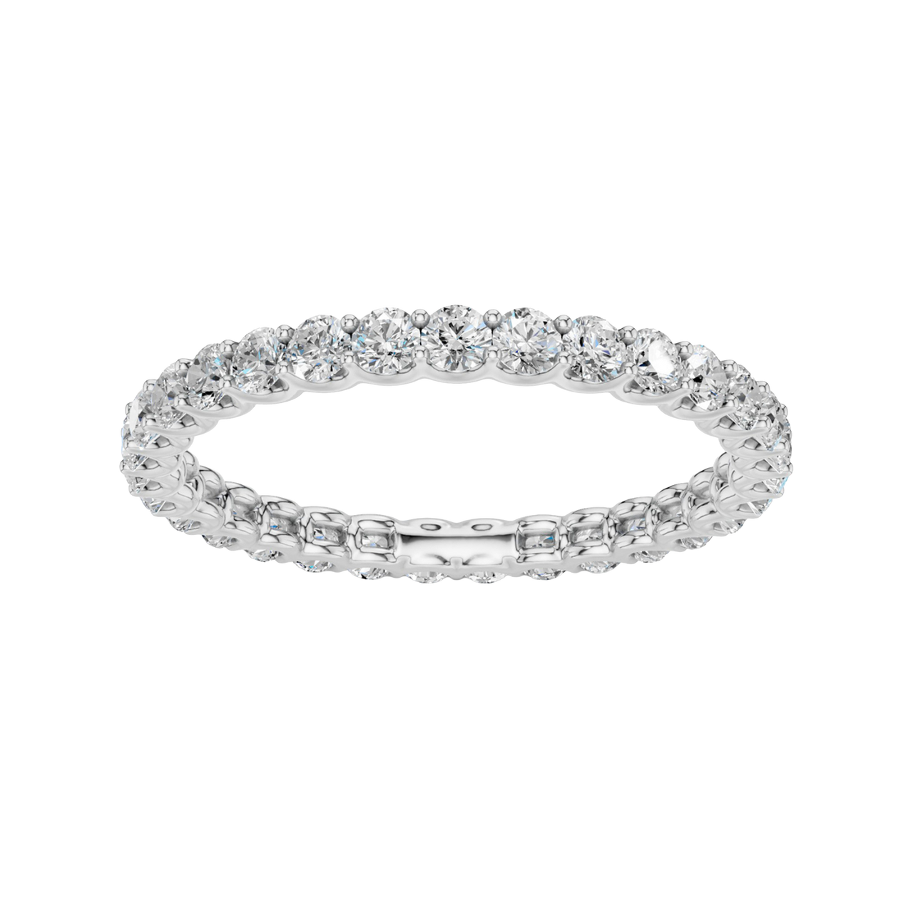 Amorati Diamonds, Infinity Loop Full Eternity Ring, a top-down view of a 10K white gold eternity band with a continuous line of brilliant round jewels.