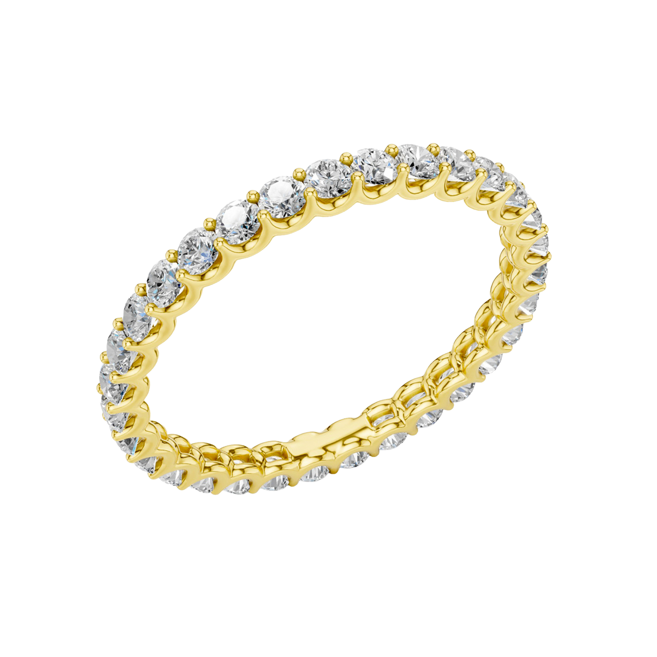 Amorati Diamonds, Infinity Loop Full Eternity Ring, an angled view of a 10K yellow gold eternity band, showcasing the brilliant row of round jewels.