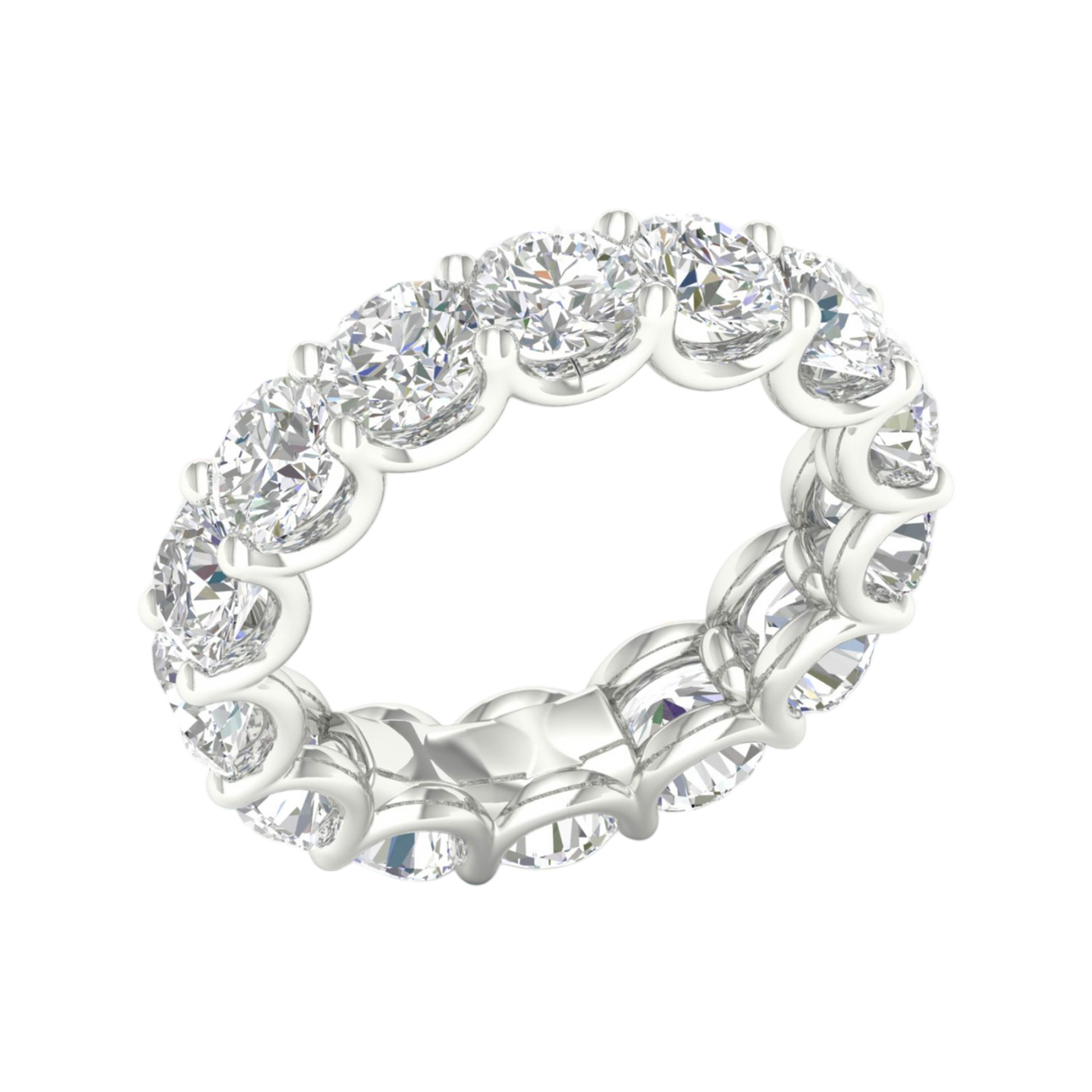 An angled view of a 14K white gold ring, showcasing the seamless brilliance of the bezel-set jewels.