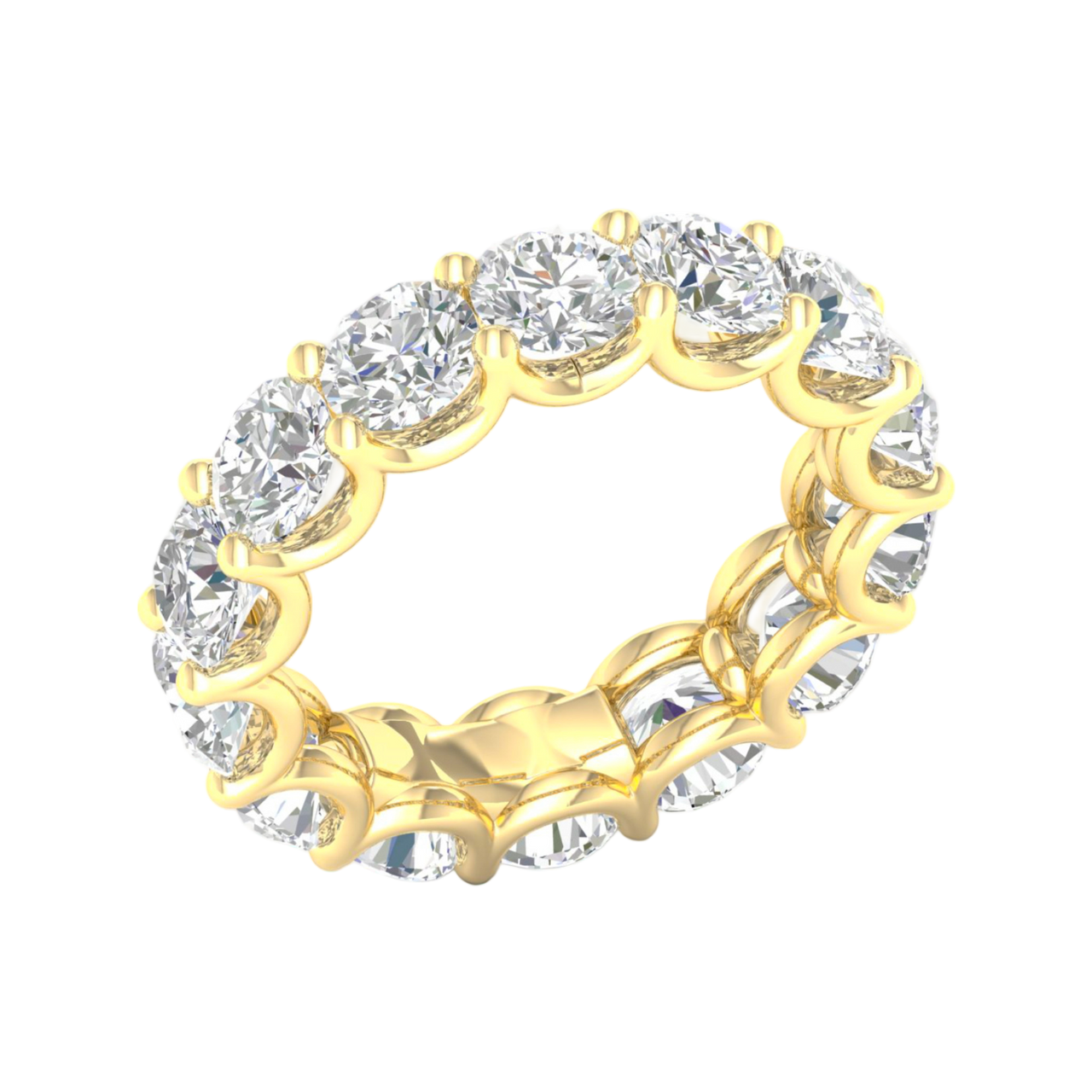 An angled view of a 14K yellow gold ring, showcasing the seamless brilliance of the bezel-set jewels.