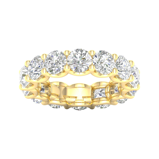 A top-down view of a 14K yellow gold wide band ring with a continuous row of large, bezel-set round jewels.