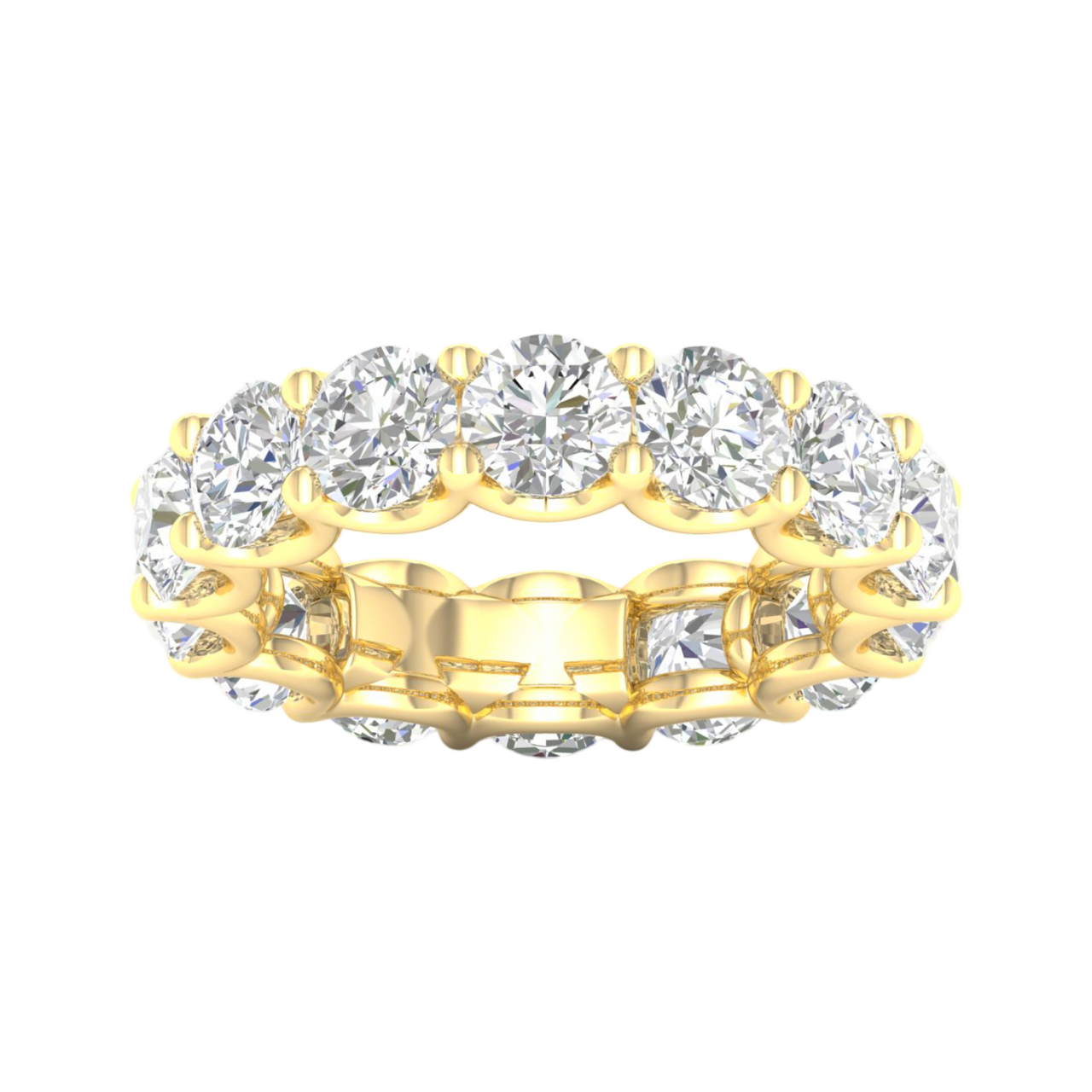 A top-down view of a 14K yellow gold wide band ring with a continuous row of large, bezel-set round jewels.