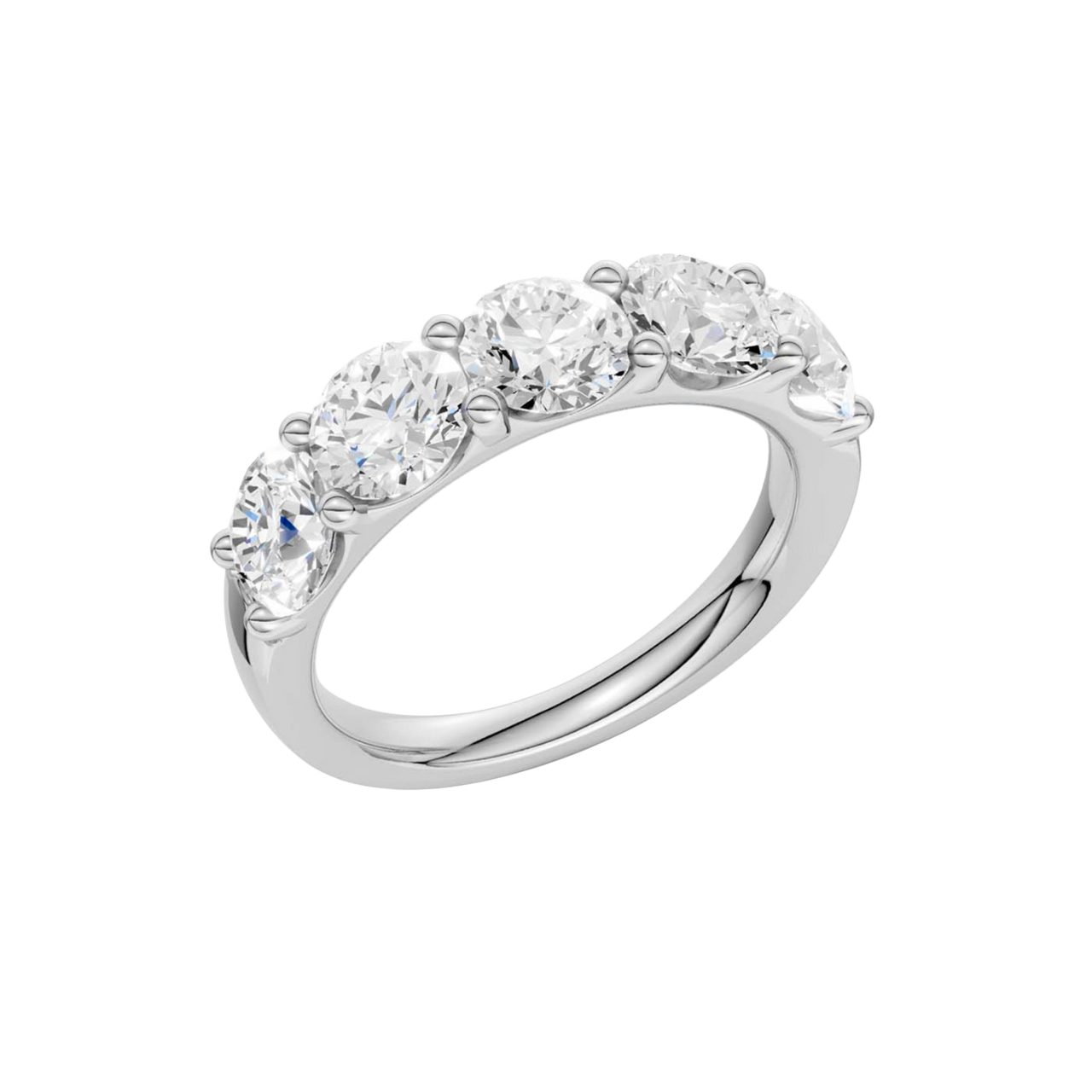Angled perspective of the Amorati Solid 14K White Gold 3.00 cttw Five-Stone Ring, revealing the full depth and multi-dimensional fire of the hand-selected E-F VS+ round brilliant diamonds. Includes Insured Free Shipping and Milestone Guarantee.