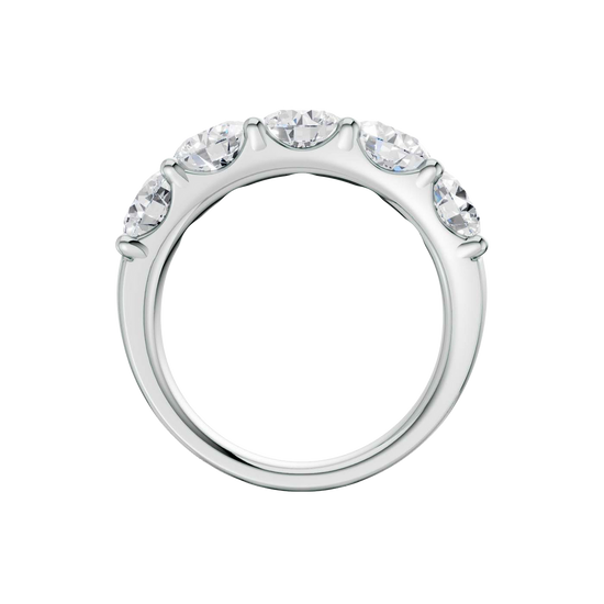 Close-up angled view of the 3.00 cttw Bold Luxe Five-Stone Diamond Band in Solid 14K White Gold, showcasing the high-wattage scintillation of the E-F VS+ stones and the smooth "1/2 Eternity" transition, perfect for stacking. Complete with Insured Free Shipping.