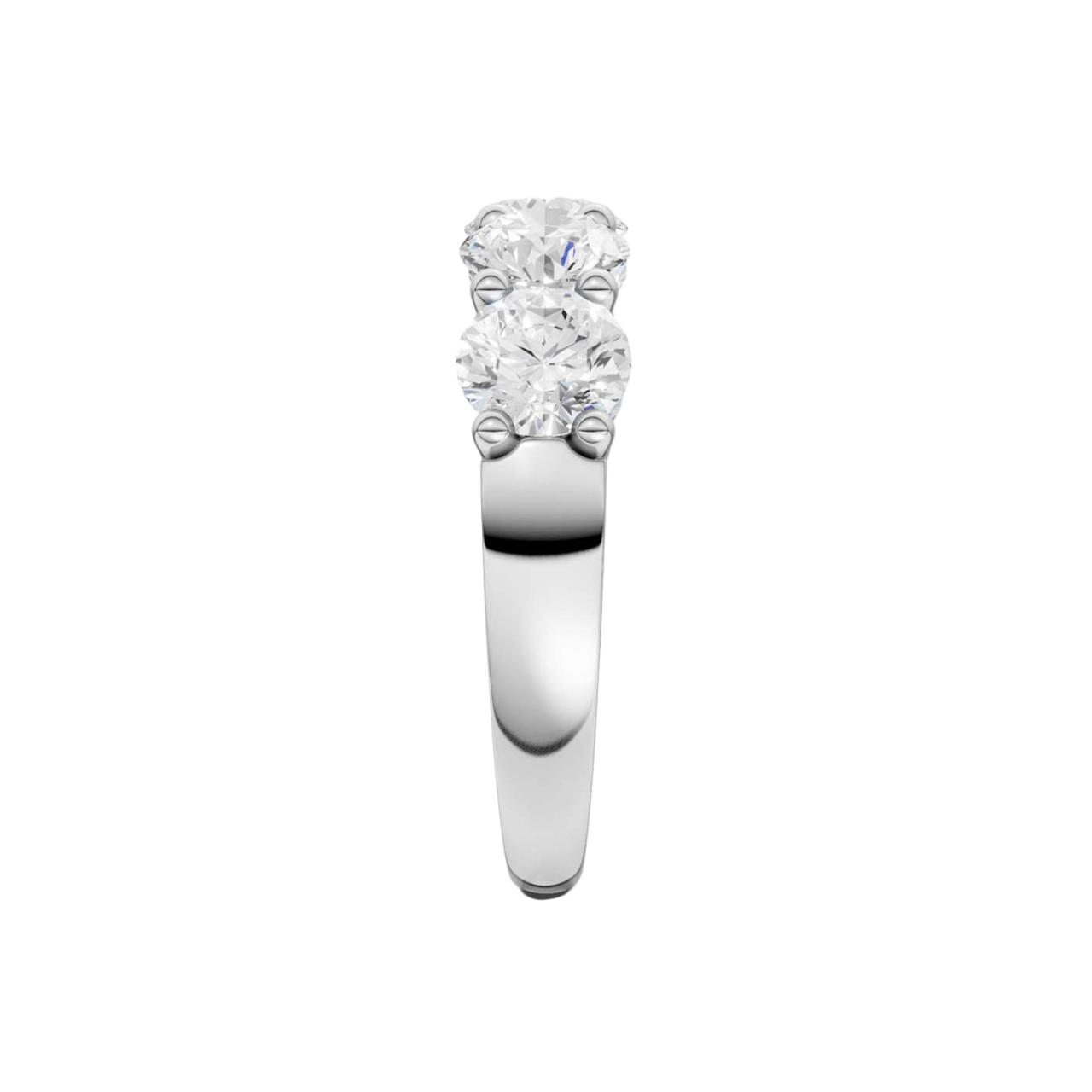 Precision side view of the 3.00 cttw Five-Stone Band in Solid 14K White Gold, highlighting the elevated setting architecture designed for maximum light return to the E-F VS+ diamonds and comfort-fit shank. Secured with Insured Free Shipping.
