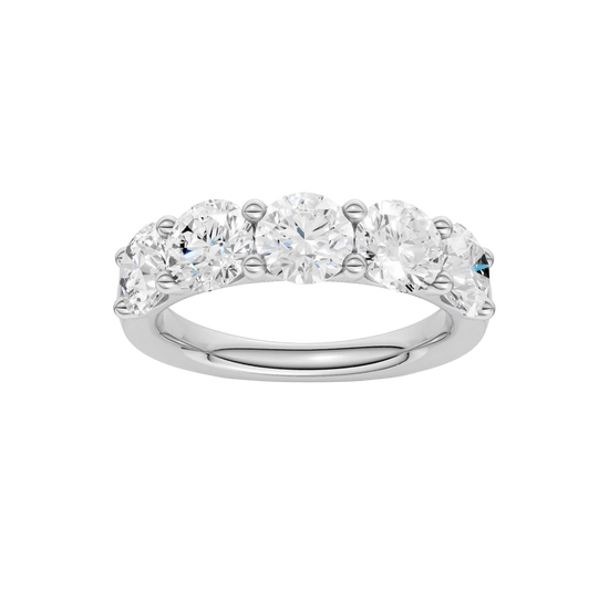 Top view of the 3.00 cttw Luxe Five-Stone Ring in Solid 14K White Gold, demonstrating the "Wall of Light" visual span with five 0.60ct average round brilliant E-F Color VS+ Clarity lab diamonds. Hand-matched "Twins" with Insured Free Shipping guarantee.