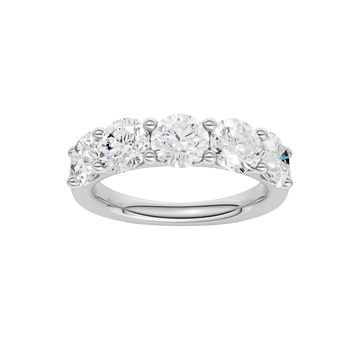 Top view of the 3.00 cttw Luxe Five-Stone Ring in Solid 14K White Gold, demonstrating the "Wall of Light" visual span with five 0.60ct average round brilliant E-F Color VS+ Clarity lab diamonds. Hand-matched "Twins" with Insured Free Shipping guarantee.