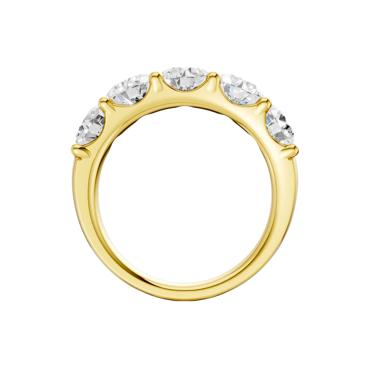 Architectural side view of the 3.00 cttw Five-Stone Trilogy-style Band in Solid 14K Gold, showing the high-prong setting and substantial 4.2g gold weight with Insured Free Shipping.