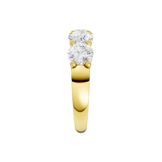 Architectural side profile of the Amorati 3.00 cttw Bold Luxe Five-Stone Band in high-polish Solid 14K Yellow Gold, showcasing the substantial 4.2g gold basket and the distinct individual prongs holding the E-F VS+ lab-grown diamonds. Includes Insured Free Shipping.
