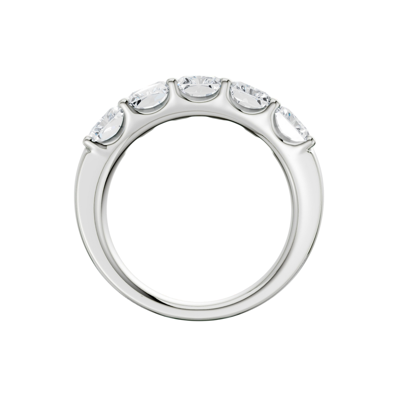 A side-profile view of a 14K white gold wide band ring, showing the tapered design and the five diamonds.