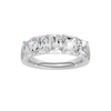 A top-down view of a 14K white gold wide band ring with five horizontally-set emerald-cut diamonds, with the center one being larger.