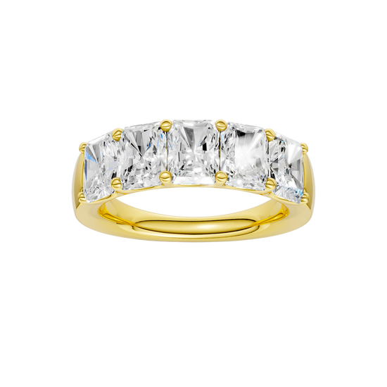 A top-down view of a 14K yellow gold wide band ring with five horizontally-set emerald-cut diamonds, with the center one being larger.