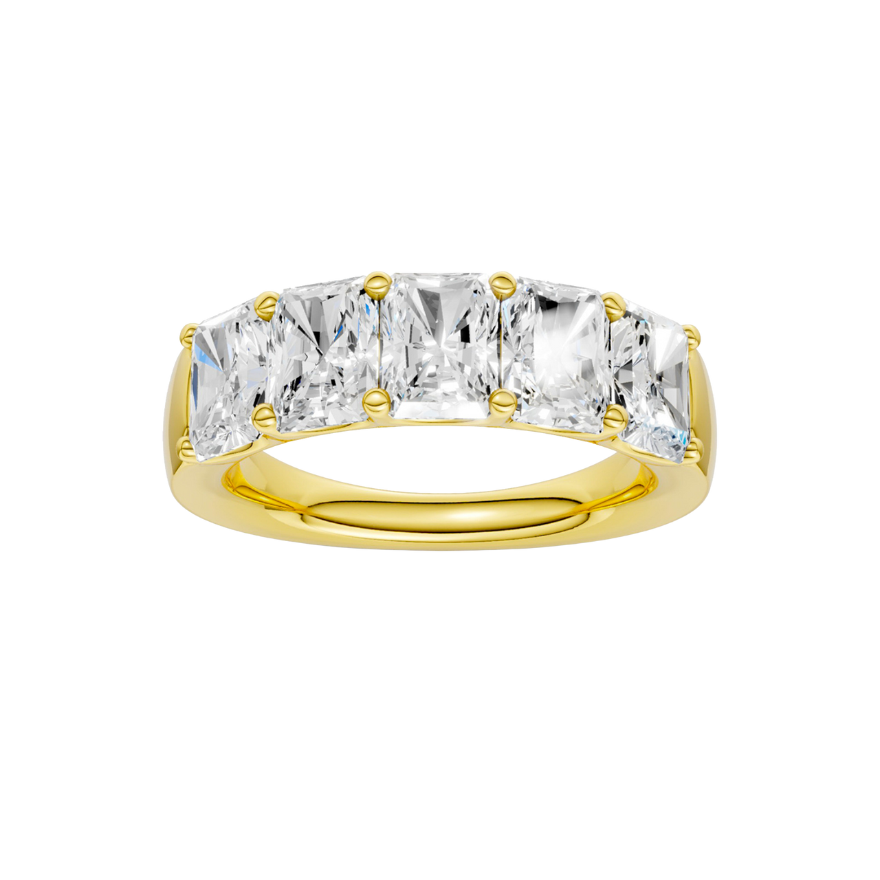 A top-down view of a 14K yellow gold wide band ring with five horizontally-set emerald-cut diamonds, with the center one being larger.