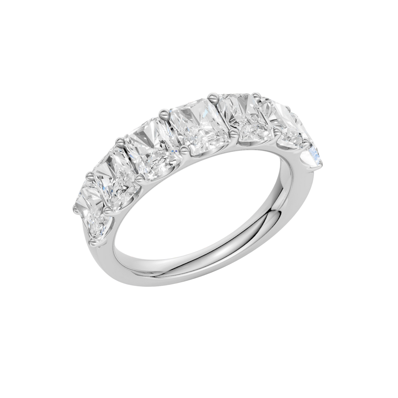 An angled view of a 14K white gold wide band ring, showcasing the clean, bold lines of the emerald-cut diamonds.