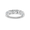 A top-down view of a 14K white gold wide band ring with five horizontally-set emerald-cut diamonds.