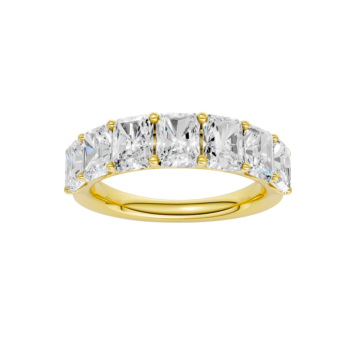 A top-down view of a 14K yellow gold wide band ring with five horizontally-set emerald-cut diamonds.