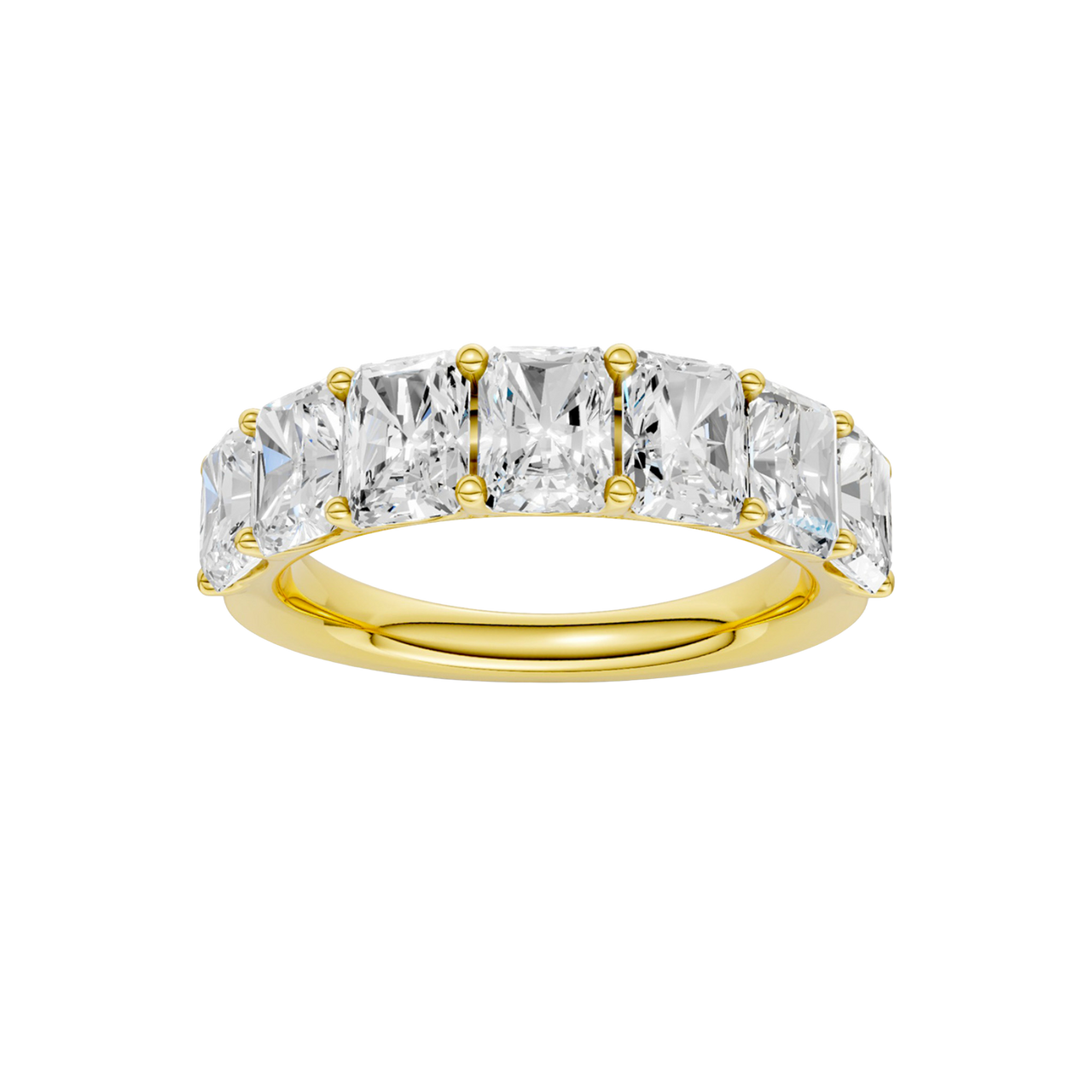 A top-down view of a 14K yellow gold wide band ring with five horizontally-set emerald-cut diamonds.