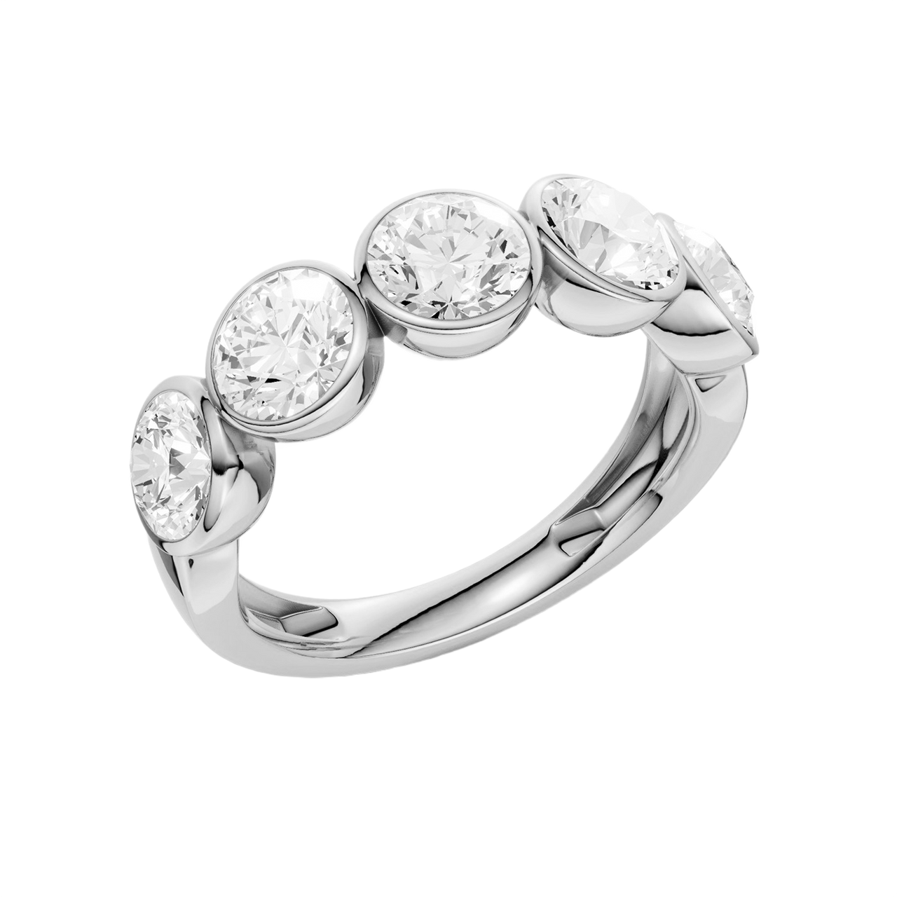 A sleek 14k white gold anniversary band showcasing a continuous row of premium 1.5cttw round-cut diamonds protected by a high-polish bezel frame.