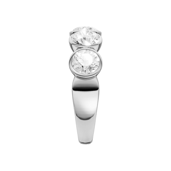A sleek 14k white gold anniversary band showcasing a continuous row of premium 1.5cttw round-cut diamonds protected by a high-polish bezel frame.
