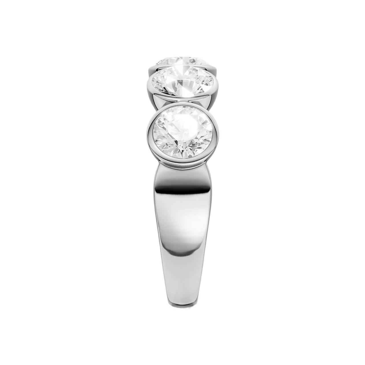 A sleek 14k white gold anniversary band showcasing a continuous row of premium 1.5cttw round-cut diamonds protected by a high-polish bezel frame.