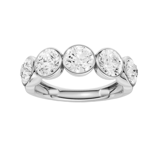 A sleek 14k white gold anniversary band showcasing a continuous row of premium 1.5cttw round-cut diamonds protected by a high-polish bezel frame.