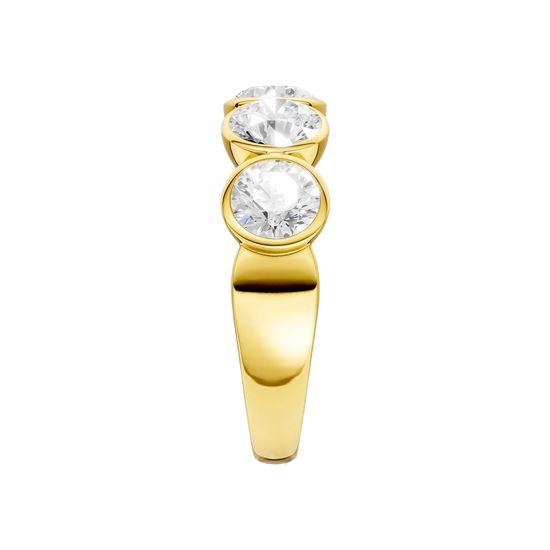 A sophisticated 14k yellow gold 2/3 eternity wedding band featuring 1.5 total carats of shimmering round-cut lab-grown diamonds in a modern bezel setting.